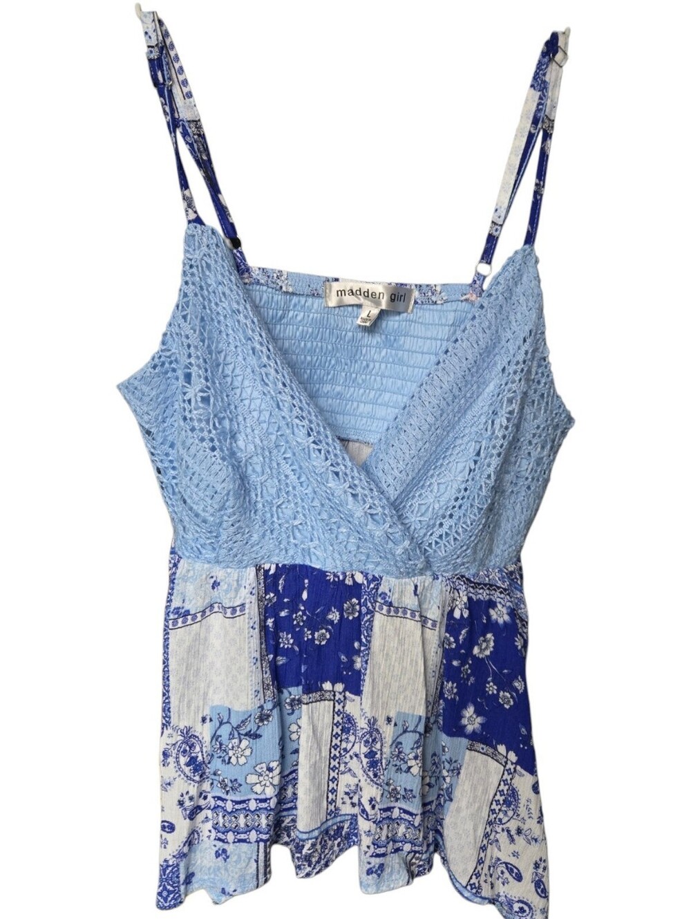 Madden Girl Light Blue Crochet Bodice Blue & White Patch Cami - L